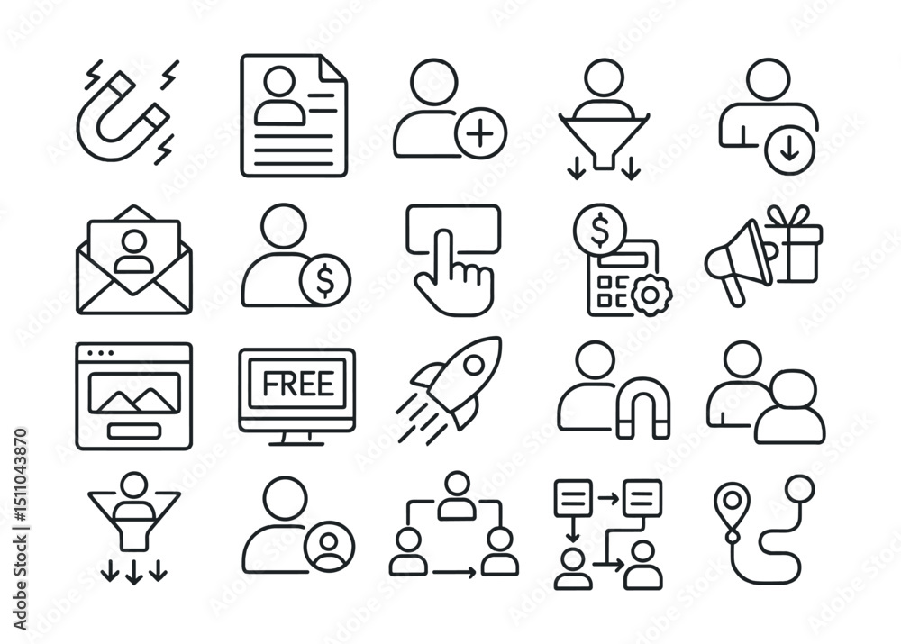 Line style icons of customer acquisition: lead generation, lead form, new user icon, user funnel, outreach email, sales qualified lead, call-to-action, acquisition cost, landing page, free trial, Line style icons of customer acquisition: lead generation, lead form, new user icon, user funnel, outreach email, sales qualified lead, call-to-action, acquisition cost, landing page, free trial,