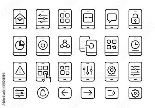 Line style icons of mobile control and apps: smart home app, mobile control panel, app dashboard, app notification, remote access, status overview, mobile command, scene trigger, app sync, app