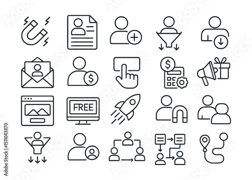 Line style icons of customer acquisition: lead generation, lead form, new user icon, user funnel, outreach email, sales qualified lead, call-to-action, acquisition cost, landing page, free trial,