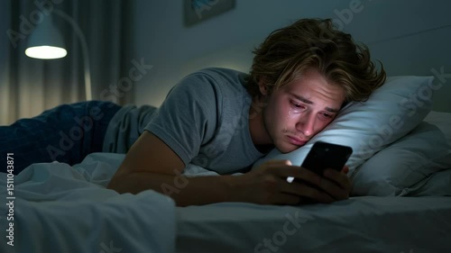 Young man lying in bed using smartphone at night in dim room  