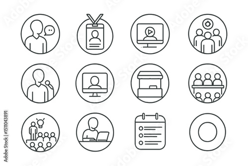 Line style icons of round tech events and networking: round tech talk, round conference badge, round webinar icon, round tech meetup, round speaker icon, round event stream, round booth icon, round