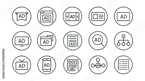 Line style icons of round advertising formats: round banner ad, round display ad, round carousel ad, round native ad, round interstitial ad, round video ad, round popup ad, round in-feed ad, round