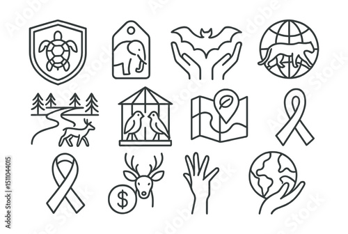 Line style icons of rare species conservation symbols: protected animal badge, conservation tag, rescue icon, endangered species logo, wildlife corridor icon, captive breeding center, habitat