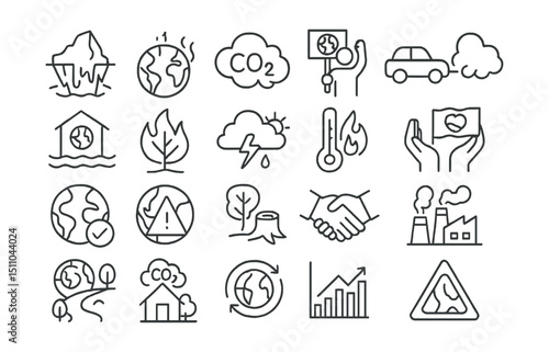 Line style icons of climate change awareness: melting glacier, global warming icon, CO2 cloud, climate protest, carbon emissions, rising sea level, wildfire icon, weather anomaly, thermometer spike,