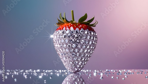 Surrealistic photo of 1 strawberry completely covered with sparkling diamonds, high reflectivity surface floating above soft purple gradient background, pop art style, studio lighting, minimalist comp