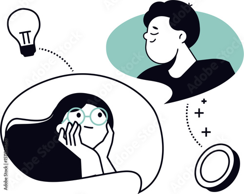 Illustration woman thinking dreaming love man relationship romance affection fantasy imagination thought 100 vector art illustration