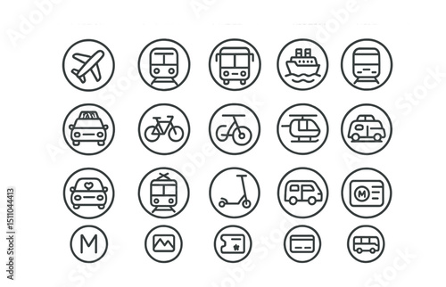 Line style icons of round transportation modes: round airplane icon, round train icon, round bus icon, round cruise ship, round taxi icon, round car rental, round bike icon, round metro icon, round