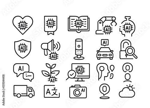 Line style icons of AI use cases: AI in healthcare, AI in finance, AI in education, AI in robotics, AI in security, AI in marketing, smart assistant, autonomous car AI, AI chatbot, AI in agriculture,