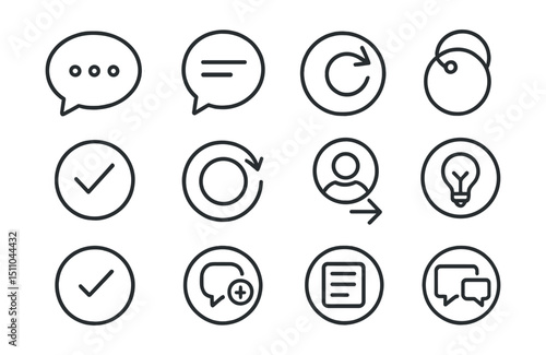 Line style icons of round design critique and feedback: round review bubble, round comment icon, round revision tag, round design approval, round feedback loop, round client input, round markup icon,