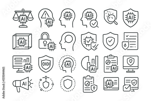 Line style icons of AI ethics and safety: AI fairness, bias alert, ethical AI, explainable AI, responsible AI, algorithm transparency, data privacy, human-in-the-loop, AI safety lock, consent