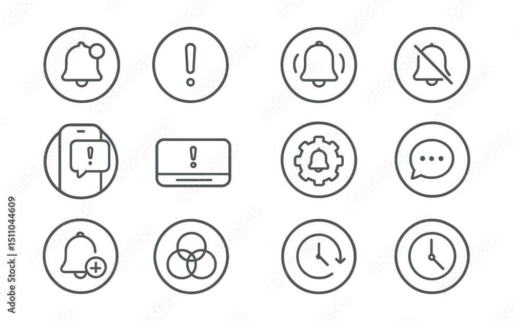 Line style icons of round app notifications: round push notification, round in-app alert, round sound badge, round silent mode, round alert preview, round banner notice, round native alert, round Line style icons of round app notifications: round push notification, round in-app alert, round sound badge, round silent mode, round alert preview, round banner notice, round native alert, round