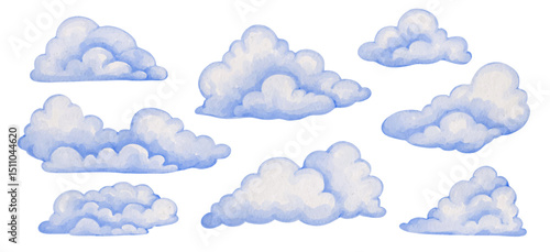 Collection of colorful blue clouds. Vector graphics.