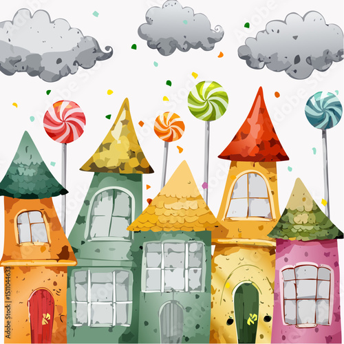 A fun and colorful vector scene of candy-themed houses and lollipop trees under cartoon clouds, styled in a bright, playful design.