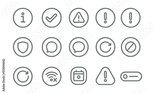 Line style icons of round status alerts: round info icon, round success check, round warning triangle, round error icon, round critical alert, round status badge, round update notice, round tip