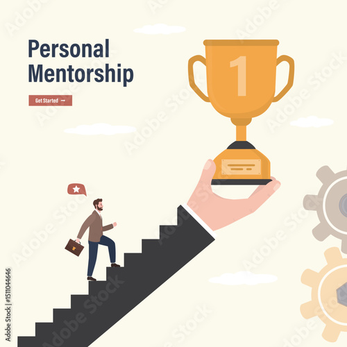 Personal mentorship. Ambitious businessman climbing on stairs to reach trophy cup in giant hand. Motivation to achieve goal, win to motivate employee to succeed in work
