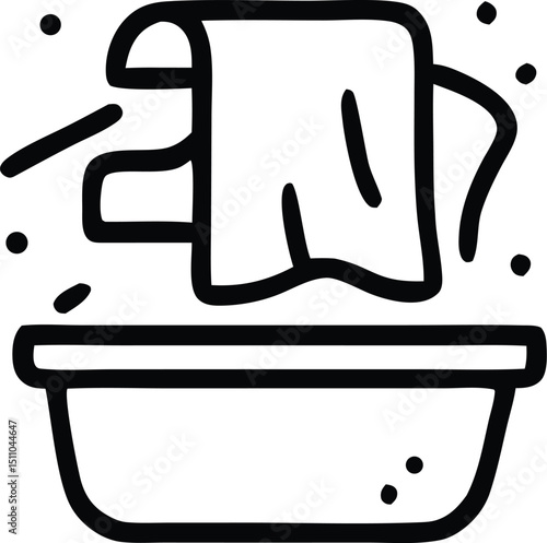 A concise, black and white line art illustration depicts a washbowl filled with water and a piece of cloth immersed within.