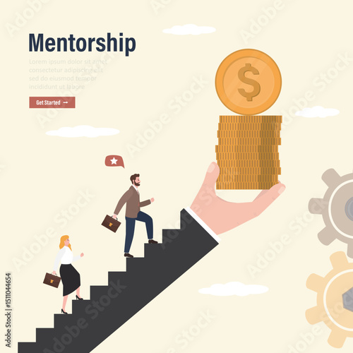 Mentorship, landing page. Ambitious business people climbing on stairs to reach money in hand. Motivation to achieve goal, giant salary to motivate employee to succeed in work