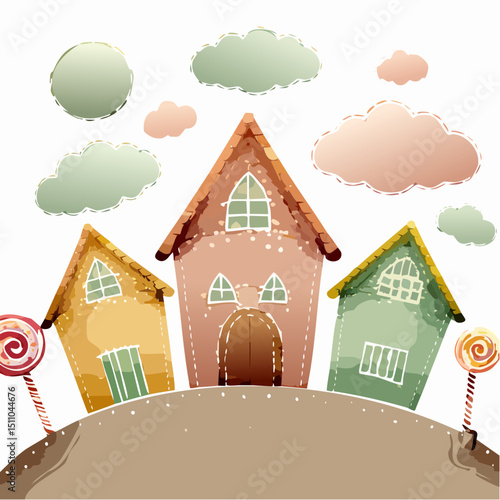 A fun and colorful vector scene of candy-themed houses and lollipop trees under cartoon clouds, styled in a bright, playful design.