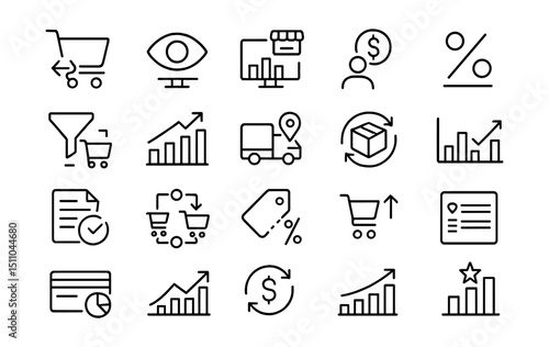Line style icons of e-commerce analytics: cart abandonment, product views, sales by product, revenue per user, conversion rate, purchase funnel, order value, shipping stats, return rate, inventory