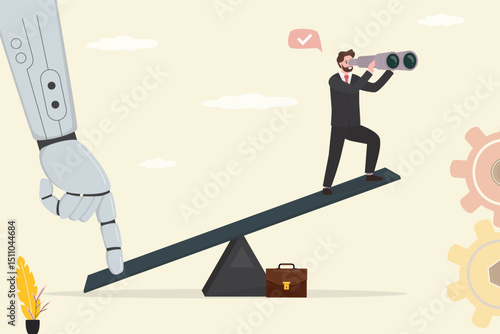 Robot help push seesaw for success. AI support business leader to search successful direction and reach goal. Chat bot help or assist by user, entrepreneur looking binoculars