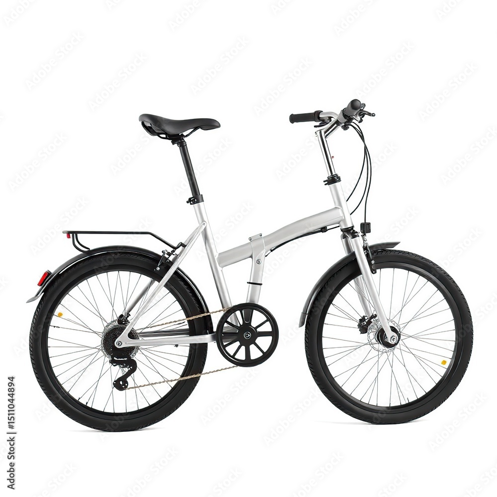 A silver folding bicycle with black tires, a black saddle, and black handlebars. The bicycle has a rear rack and fenders A silver folding bicycle with black tires, a black saddle, and black handlebars. The bicycle has a rear rack and fenders