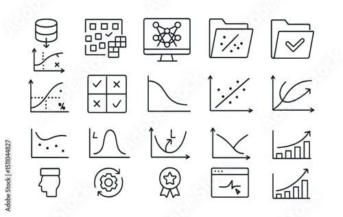 Line style icons of machine learning processes: data input, feature extraction, model training, test set, validation set, accuracy rate, confusion matrix, learning curve, prediction error,