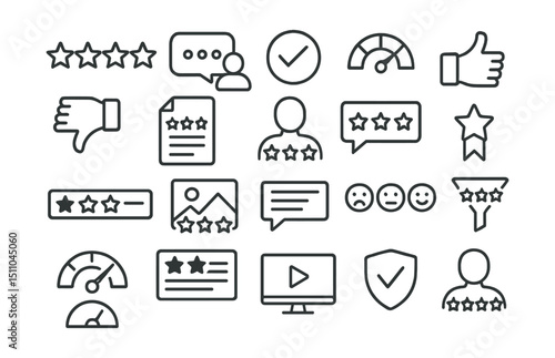 Line style icons of customer reviews and ratings: star rating, customer comment, verified review, average score, thumbs up, thumbs down, review form, user opinion, top review, featured feedback,