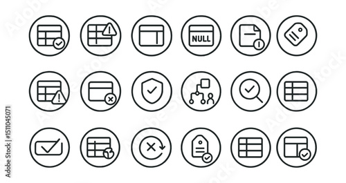Line style icons of round data quality and integrity: round clean data, round duplicate alert, round missing field, round null value, round schema tag, round data warning, round input error, round