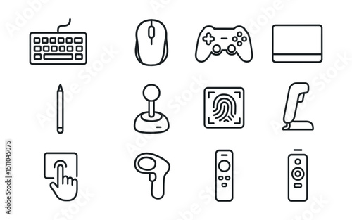 Line style icons of input devices: keyboard icon, wireless mouse, gaming controller, trackpad icon, stylus pen, joystick icon, drawing tablet, scanner icon, touch screen, VR controller, fingerprint
