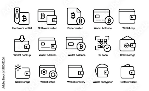 Line style icons of crypto wallets: hardware wallet, software wallet, paper wallet, mobile wallet, wallet backup, wallet address, wallet key, wallet balance, send crypto, receive crypto, QR scan,