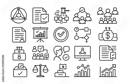 Line style icons of DAO governance: DAO icon, proposal vote, on-chain governance, quorum reached, proposal submission, snapshot vote, governance token, decision making, DAO treasury, multi-sig wallet