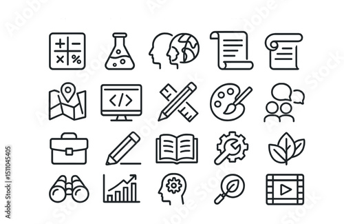 Line style icons of skills and subjects: math icon, science lab, language icon, history scroll, geography map, coding screen, design icon, art palette, business case, writing skills, reading icon,