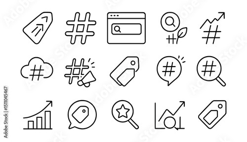 Line style icons of hashtags and trends: trending tag, hashtag icon, explore page, top trend, tag cloud, campaign hashtag, niche tag, viral icon, discover icon, trending chart, tag bubble, keyword