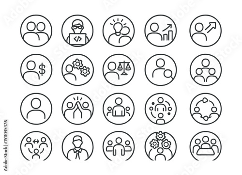 Line style icons of round startup team and roles: round cofounder icon, round tech lead, round designer badge, round growth hacker, round product manager, round marketing role, round finance lead,