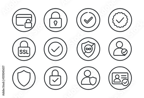 Line style icons of round trust and security: round secure checkout, round lock icon, round encryption icon, round trust seal, round SSL icon, round verified icon, round fraud protection, round