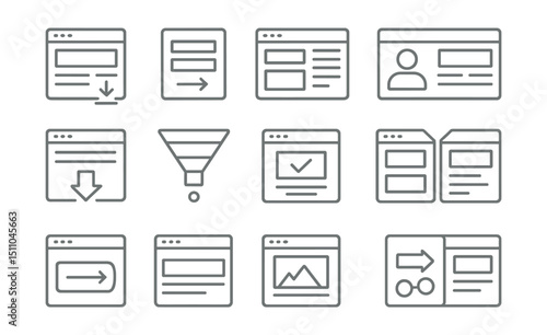 Line style icons of landing pages and funnels: landing page icon, form submit, page layout, lead capture, scroll section, funnel path, thank you page, squeeze page, opt-in icon, above the fold, hero