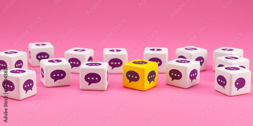 Obraz premium Yellow target cube surrounded by social media icons on pink background representing marketing focus
