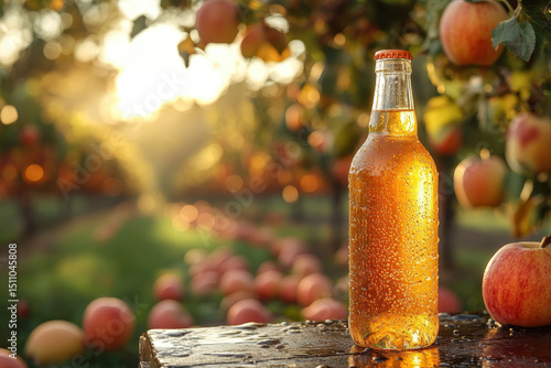 Bottle of apple cider on wooden table.