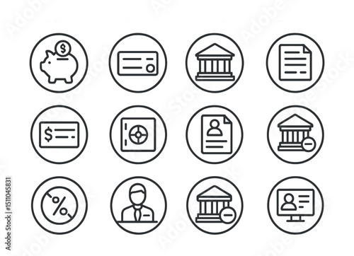 Line style icons of round banking services: round savings account, round checking account, round bank branch, round deposit slip, round cheque icon, round bank vault, round account summary, round