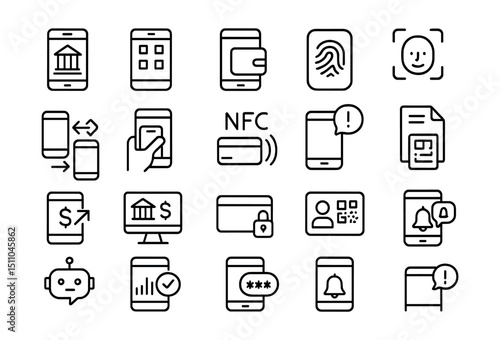 Line style icons of online and mobile banking: mobile banking icon, banking app, mobile wallet, fingerprint login, face ID icon, instant transfer, contactless pay, NFC payment, SMS alert, e-statement
