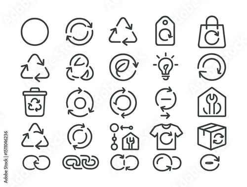 Line style icons of circular economy and reuse: circular icon, closed loop, reuse cycle, upcycle symbol, recycling arrows, eco loop, cradle-to-cradle, reuse tag, item repair, reuse bin, circular