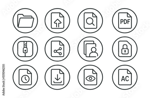 Line style icons of round file and document management: round folder icon, round file upload, round doc viewer, round PDF icon, round archive icon, round file share, round version icon, round