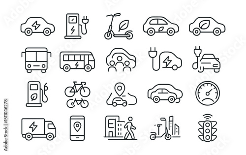 Line style icons of eco transportation: electric car, charging station, e-scooter, hybrid vehicle, bike icon, public transit, electric bus, carpool icon, charging cable, solar car, green fuel, bike