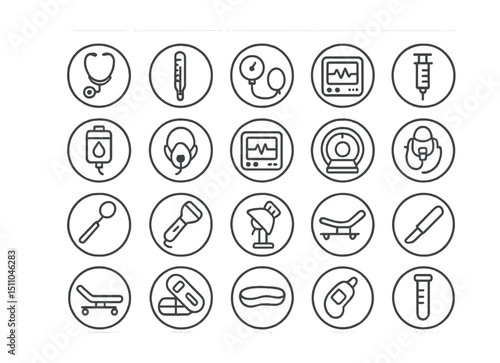 Line style icons of round medical equipment: round stethoscope icon, round thermometer icon, round blood pressure cuff, round syringe icon, round IV bag, round oxygen mask, round heart monitor, round