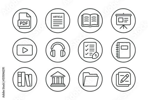 Line style icons of round educational content: round PDF doc, round article icon, round textbook icon, round slideshow icon, round video clip, round audio lesson, round reading list, round eBook icon