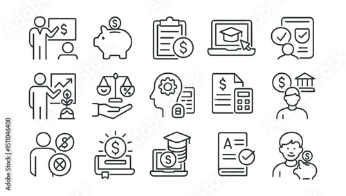 Line style icons of financial literacy and education: money lesson, savings habit, budgeting guide, finance course, credit education, investment basics, financial skills, tax basics, loan awareness,
