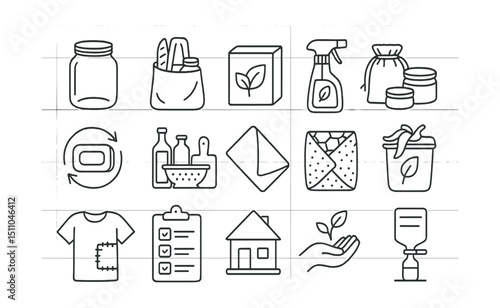 Line style icons of zero waste lifestyle: zero waste jar, bulk shopping, no packaging, DIY cleaner, reusable kit, eco swap, zero waste kitchen, cloth napkin, beeswax wrap, compost icon, upcycled item