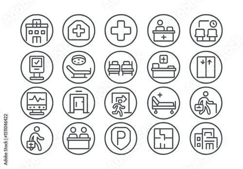 Line style icons of round hospital and clinic: round hospital icon, round clinic icon, round medical cross, round reception desk, round waiting room, round check-in kiosk, round exam room, round ward