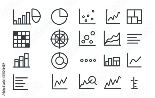 Line style icons of data visualization: bar chart, pie chart, line graph, scatter plot, heatmap, radar chart, bubble chart, histogram icon, area chart, stacked chart, tree map, donut chart, data
