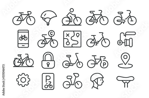 Line style icons of cycling and micromobility: bicycle icon, helmet icon, bike path, e-bike icon, bike app, rental bike, cycling route, pedal icon, bike station, cycling lock, shared micromobility,